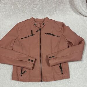 Jou Jou Moto Jacket Girls Size L 12 Pink rose Faux Leather Full Zip Long Sleeves